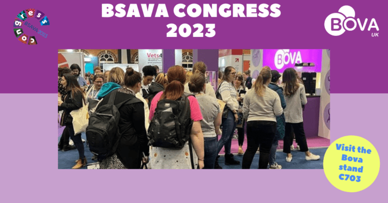 BOVA UK at the BSAVA 2023 - a line of people are queuing for information in front of the BOVA stand